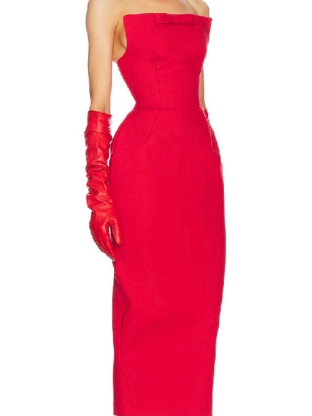 Elegant Red Strapless Sheath Dress with Bow Accent - Picture 2 of 7
